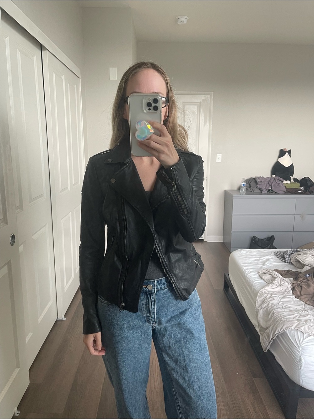 Muubaa Black Leather Moto Jacket with Zip Details